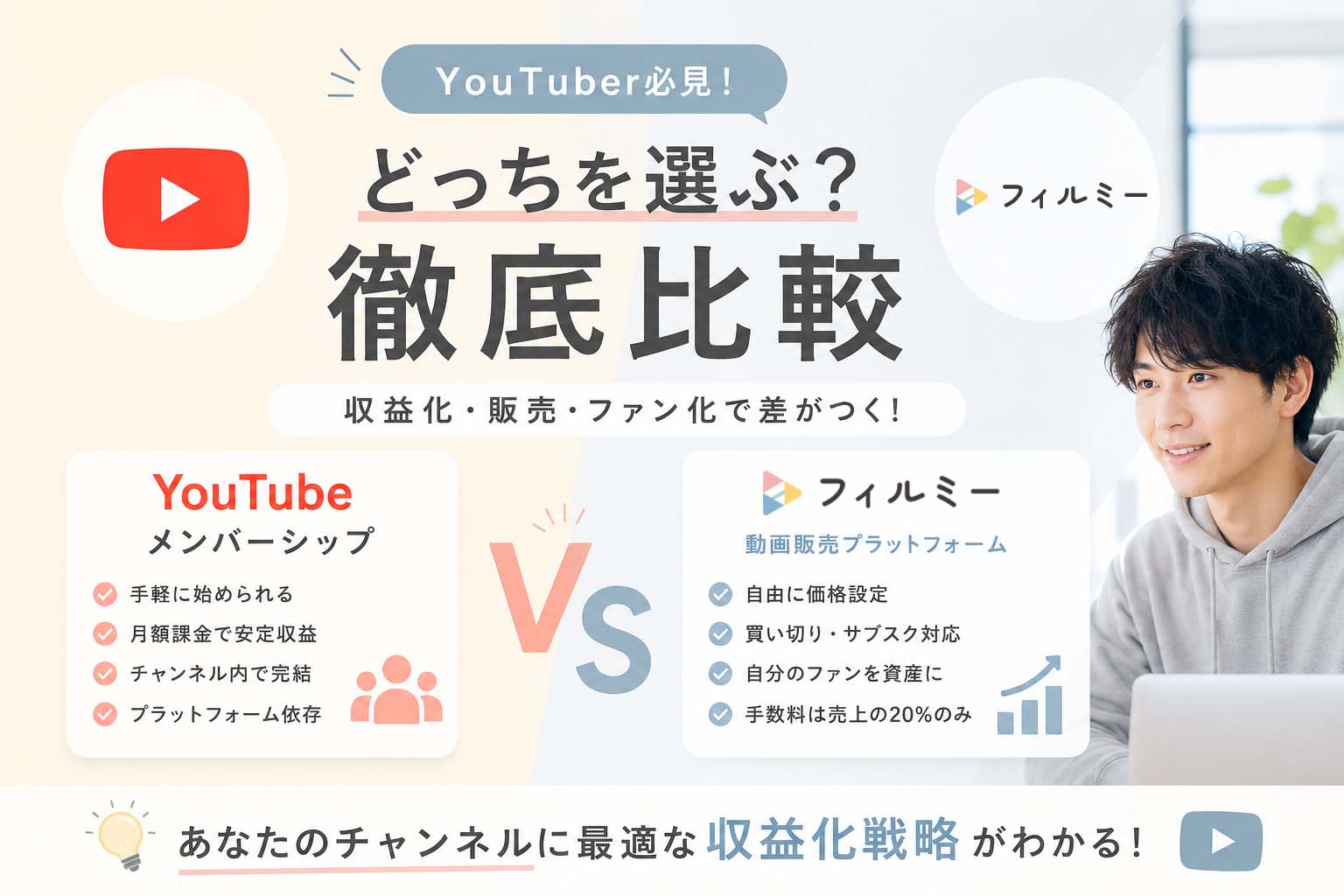 YouTubeメンバーシップとフィルミーの違いを徹底比較｜月額収益化の選び方