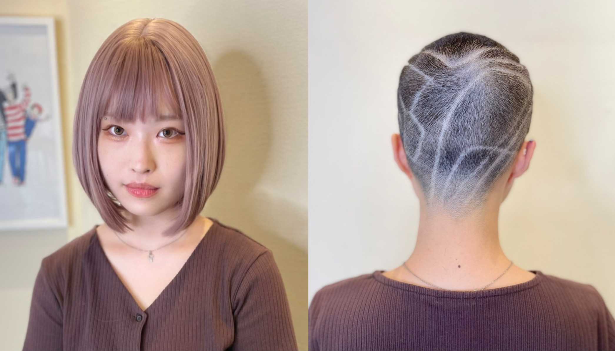 J164 美女の坊主からのバリアート　 Young girl hair design 